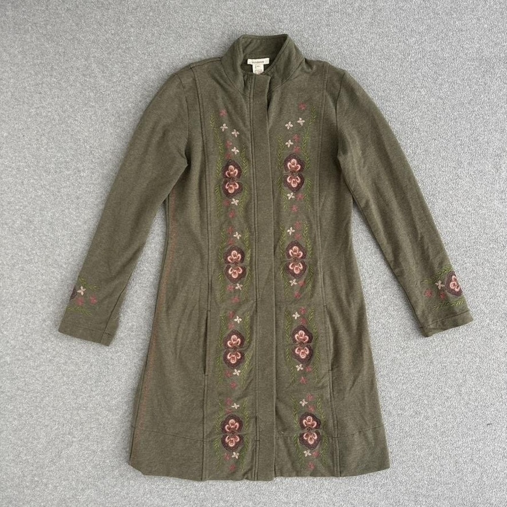 Sundance Long Cardigan XS Women Olive Green Floral Embroidered Cotton Blend Boho